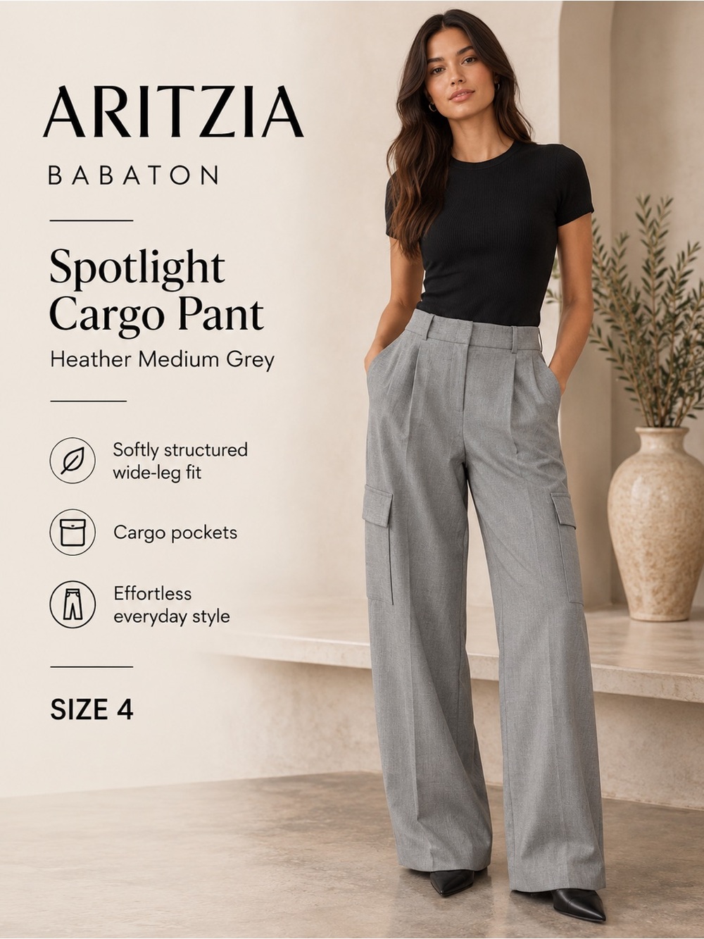 Aritzia Babaton Spotlight Cargo Pant Heather Medium Grey Size 4 NWT